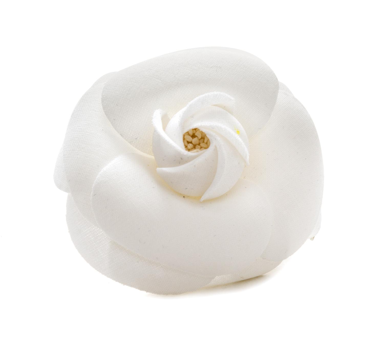 A Chanel White Fabric Camelia Brooch, 3" x 2.5".