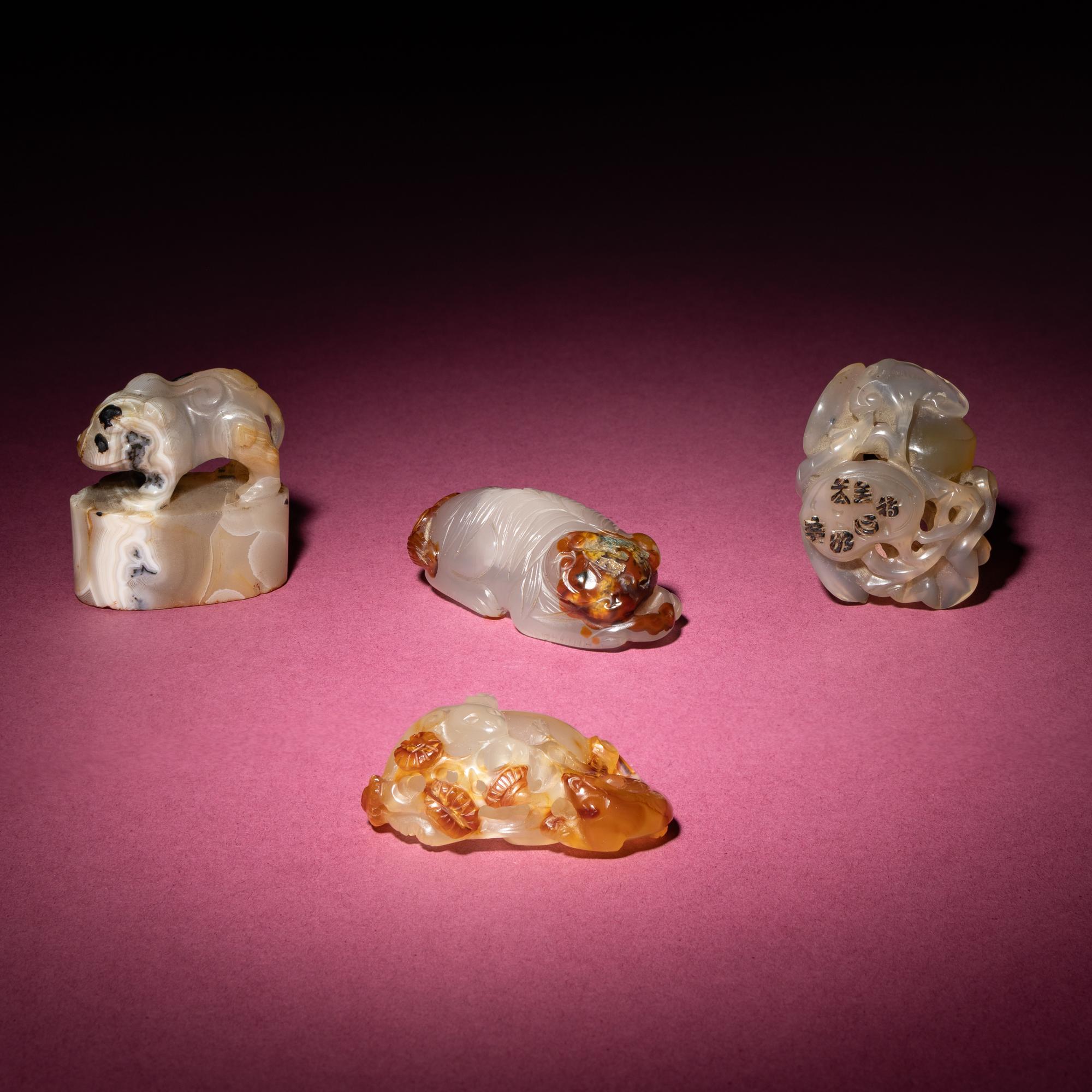 Four Chinese Agate Carvings, Qing Dynasty — 清 瑪瑙把件、印章一組四件