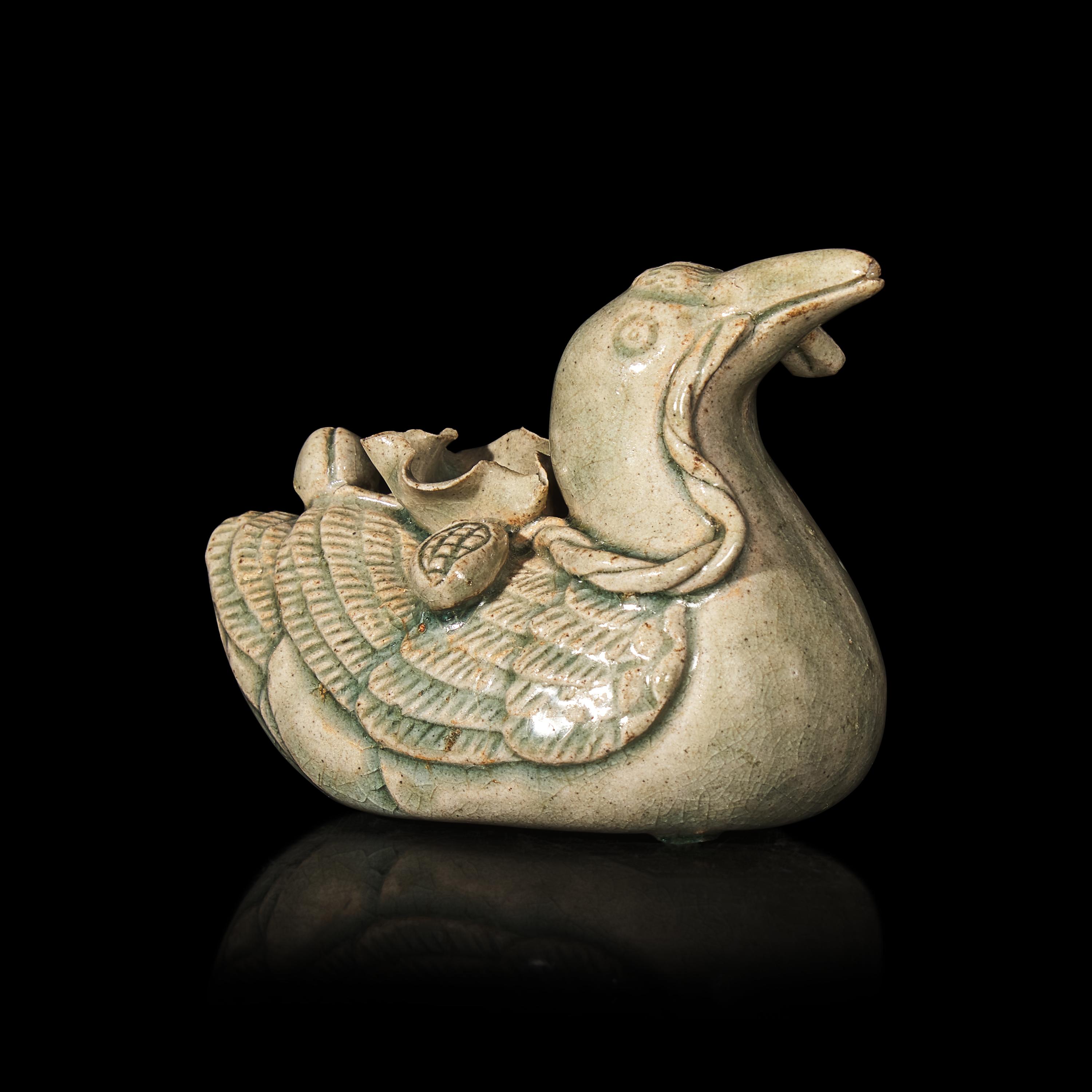 A Korean Celadon Glazed Porcelain Duck-Form Water Dropper 青釉鴨形硯滴
