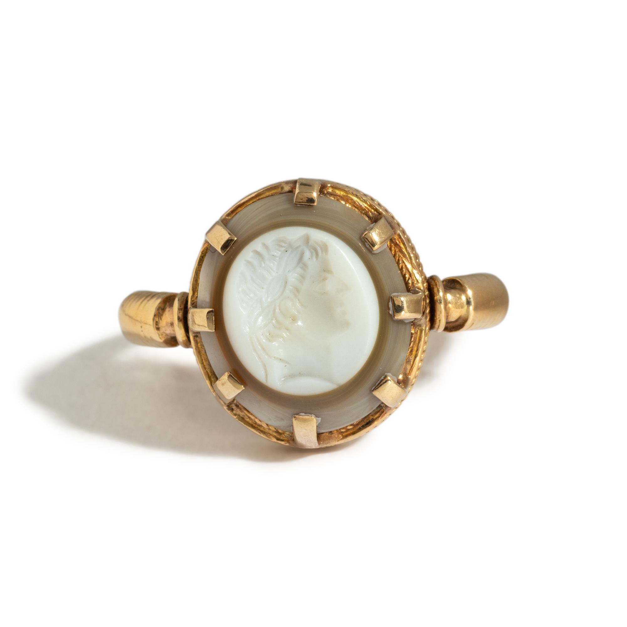 A Neoclassical Gold and Banded Agate Finger Ring with a Male Portrait Head