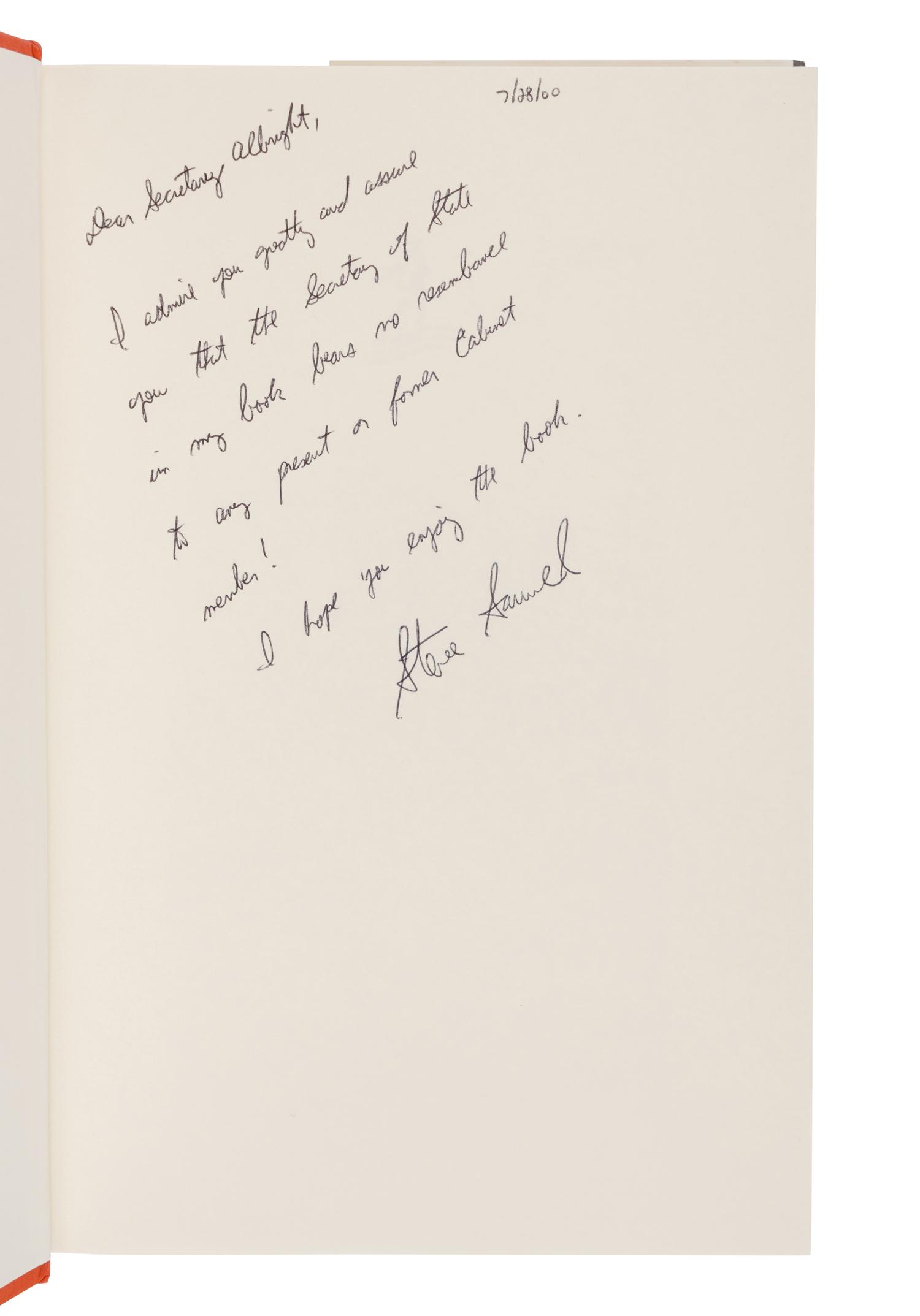 NOVELS A group of 5 novels, most FIRST EDITIONS, many INSCRIBED TO SECRETARY ALBRIGHT: