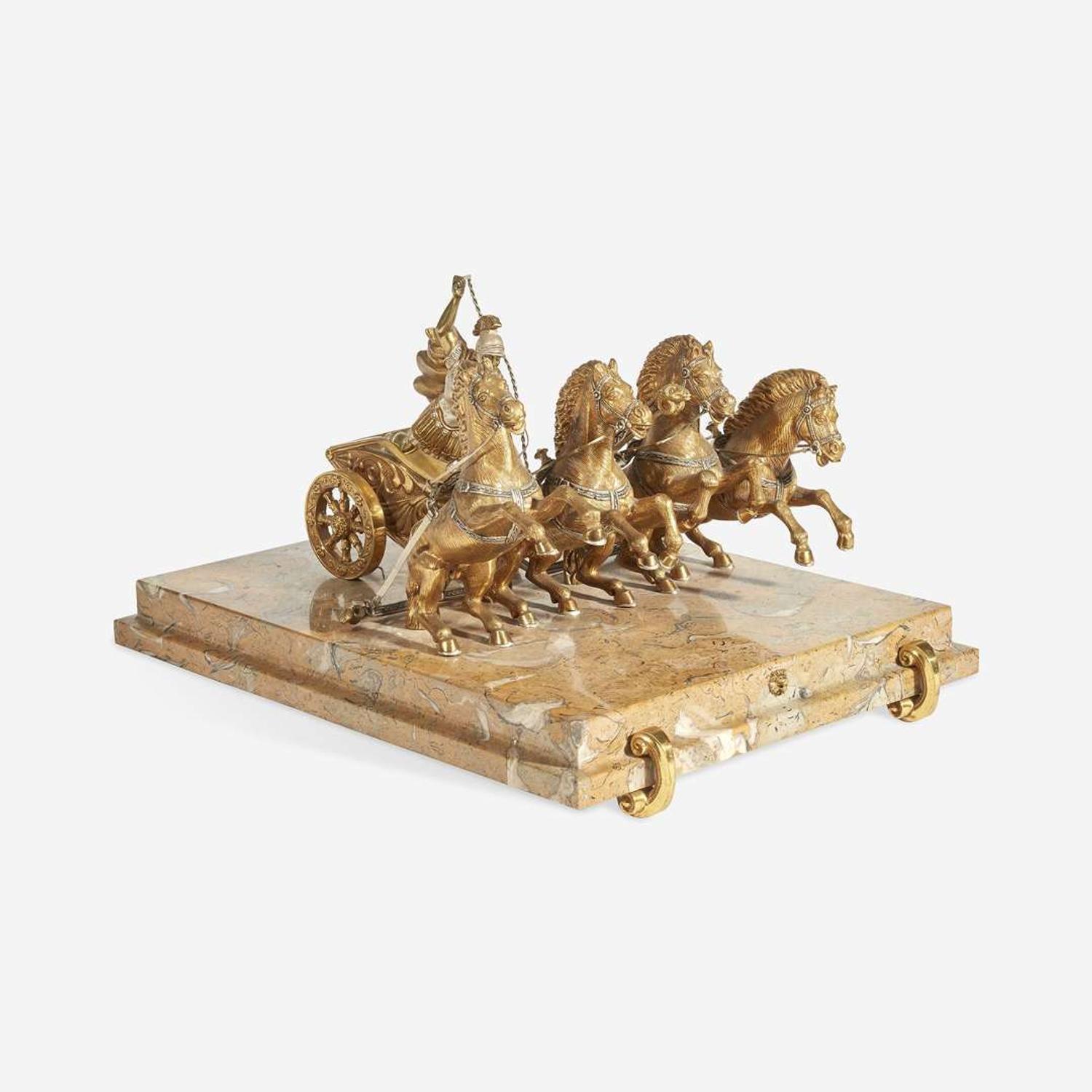 A Continental Gilt and Silvered Metal Model of a Roman Quadriga Led by a Charioteer