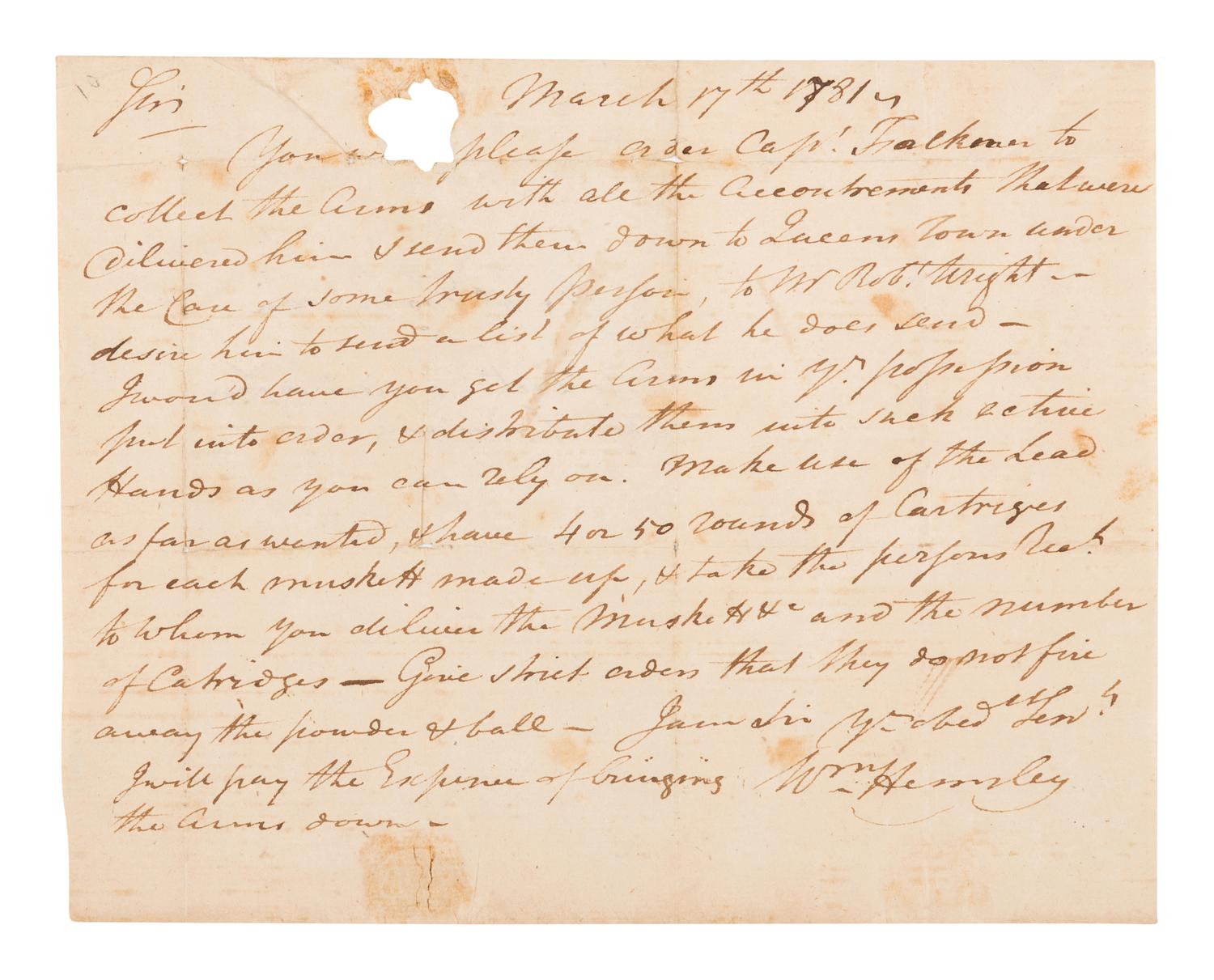 HEMSLEY, William (1737-1812). Autograph letter signed ("Wm. Hemsley"), to a Jonathan Thompson. N.p., 17 March 1781.