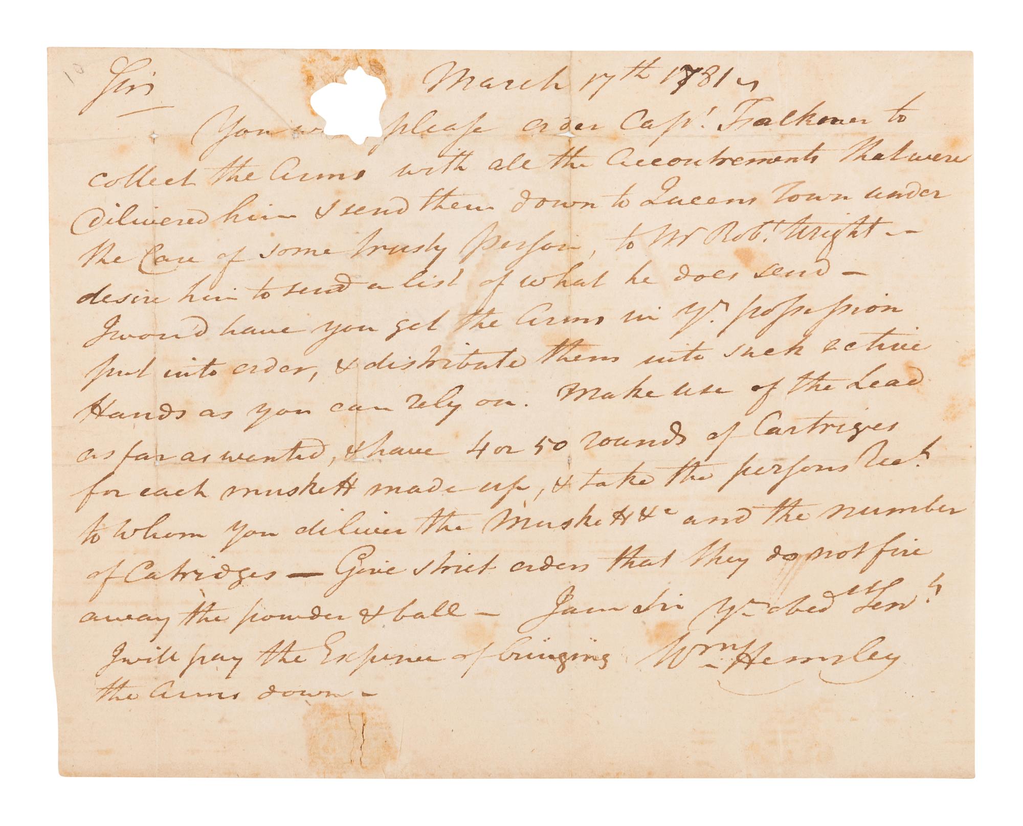HEMSLEY, William (1737-1812). Autograph letter signed ("Wm. Hemsley"), to a Jonathan Thompson. N.p., 17 March 1781.