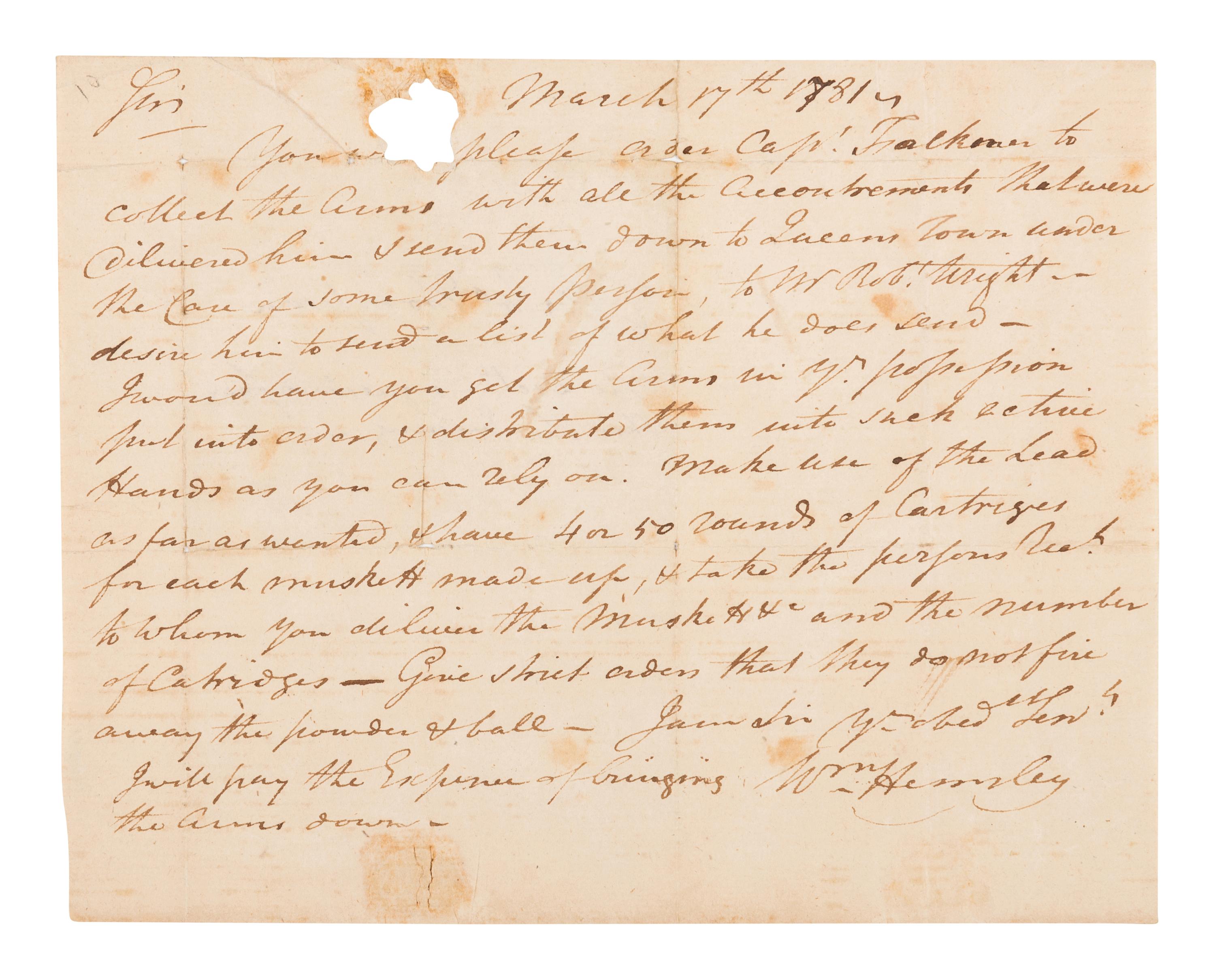 HEMSLEY, William (1737-1812). Autograph letter signed ("Wm. Hemsley"), to a Jonathan Thompson. N.p., 17 March 1781.