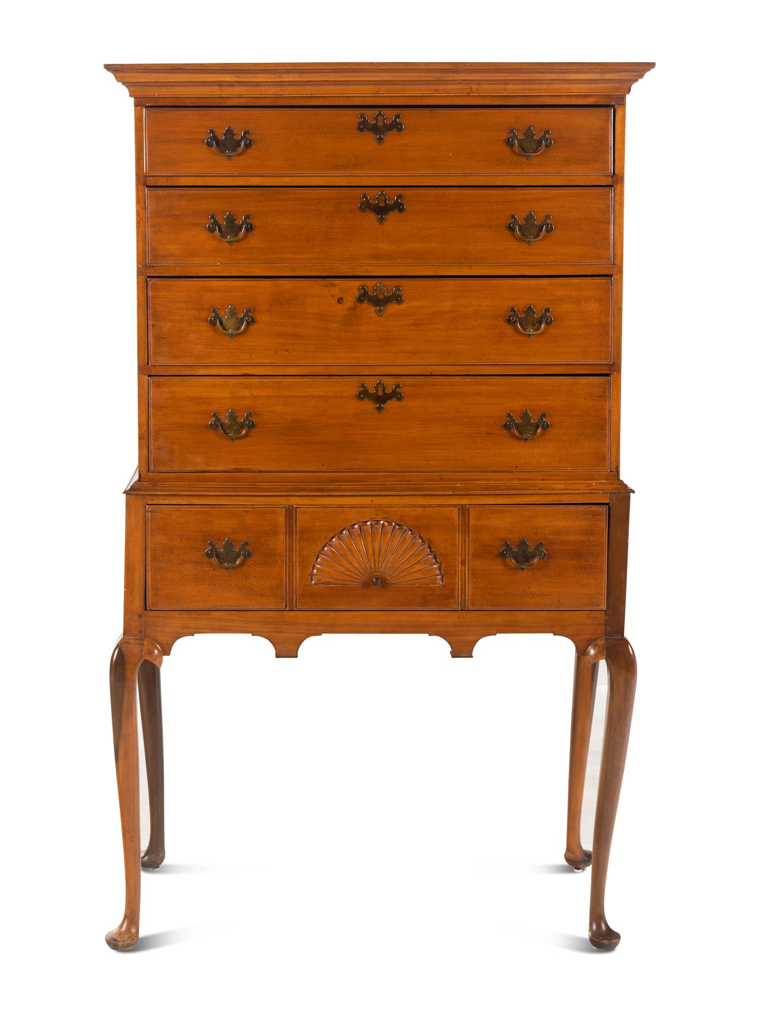 A Queen Anne Fan-Carved Cherrywood Flat-Top High Chest