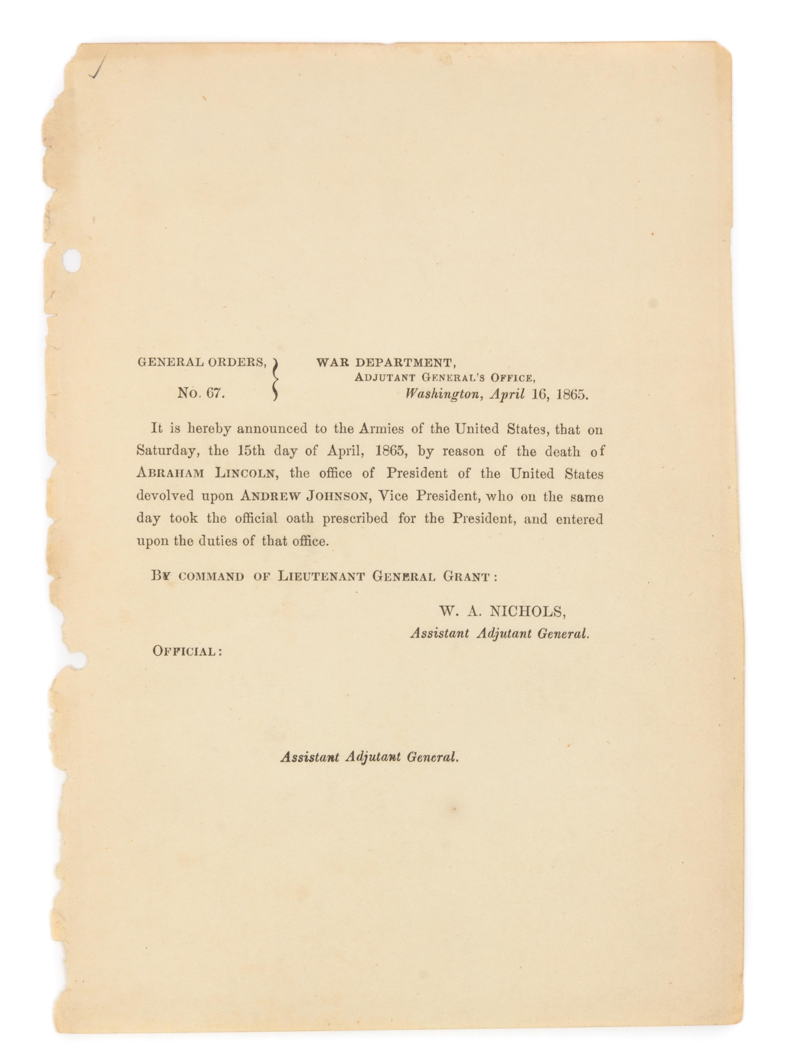 [GENERAL ORDERS - LINCOLN'S DEATH]