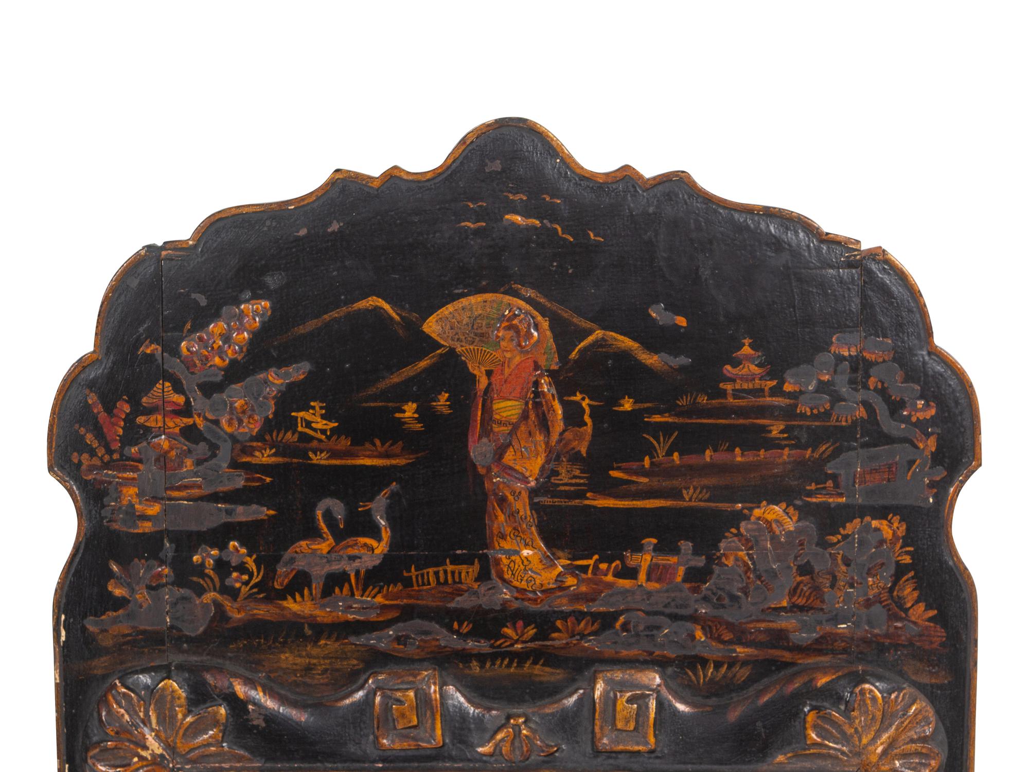A Pair of Queen Anne Style Black Japanned Mirrors