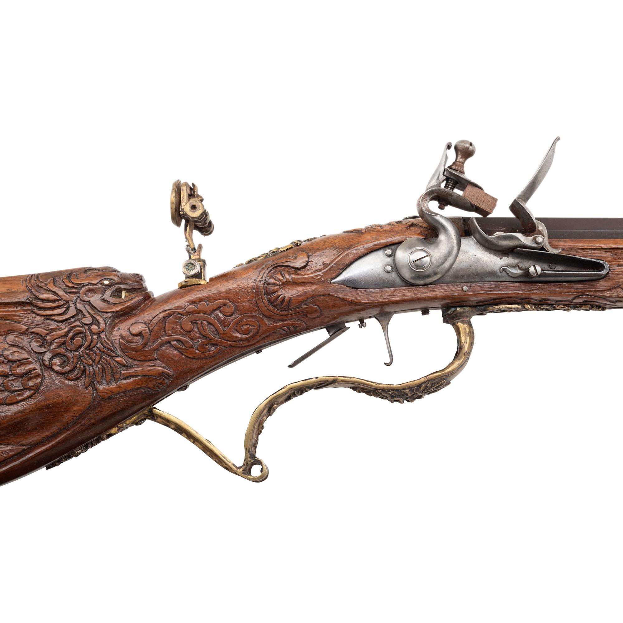 Contemporary Flintlock Jaeger with Ornately Carved and Fluted Stock