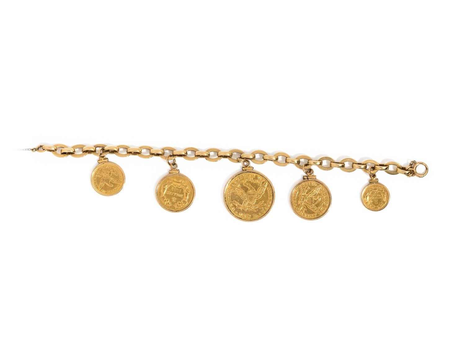 YELLOW GOLD AND COIN CHARM BRACELET