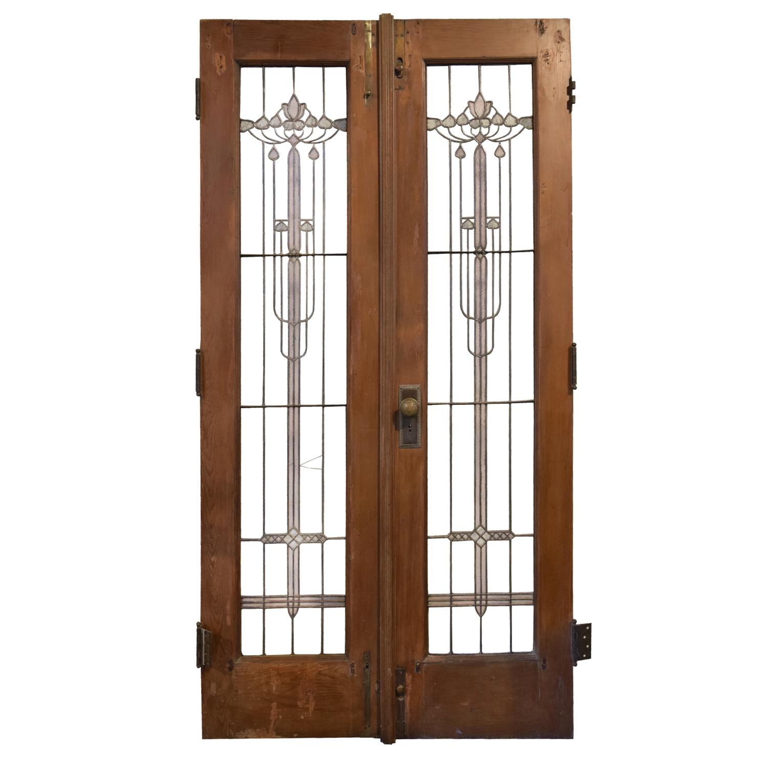 A Pair of Prairie School Leaded Glass Doors 42" W x 1.5" D x 81.5" H — United States, Early 20th Century