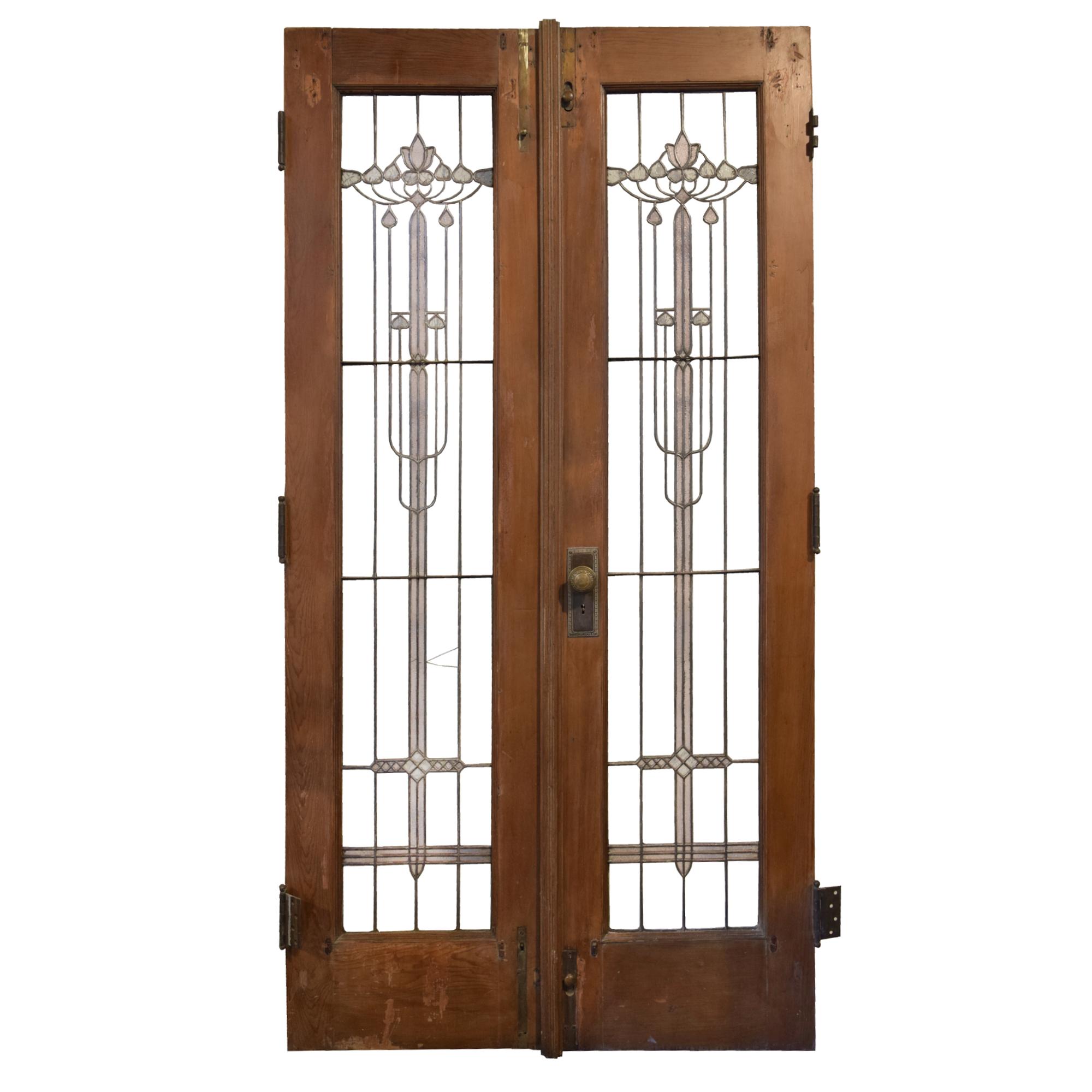 A Pair of Prairie School Leaded Glass Doors 42" W x 1.5" D x 81.5" H — United States, Early 20th Century