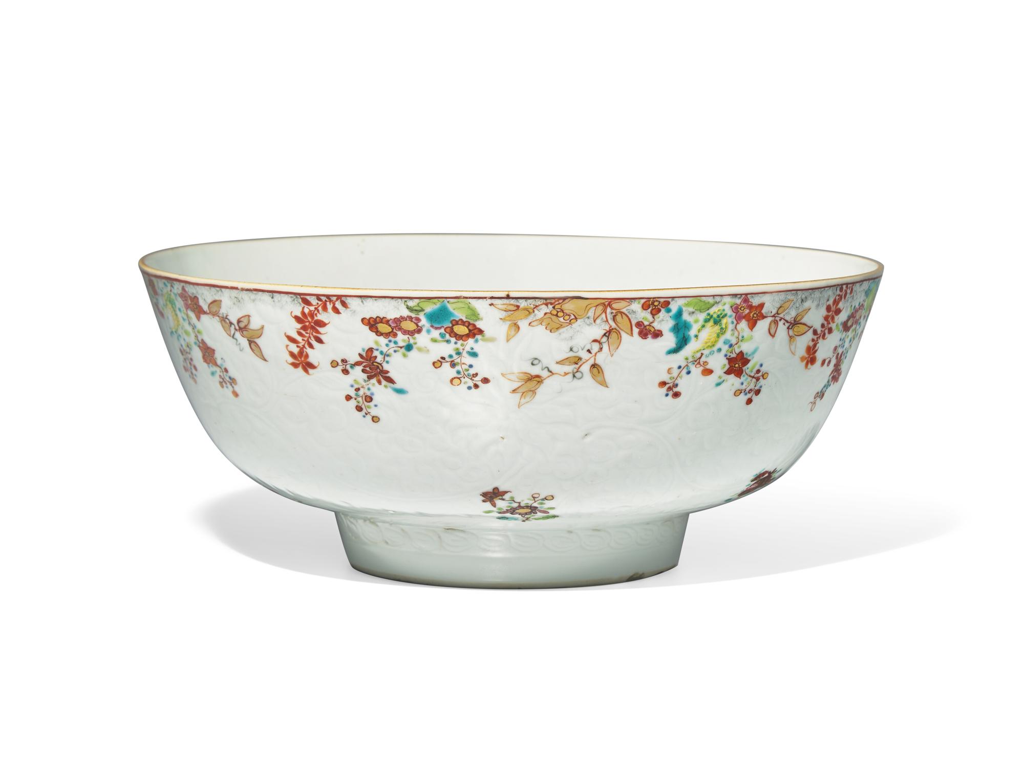 An Unusual Chinese Export Carved Famille Rose Porcelain Centerpiece Bowl, 18th Century