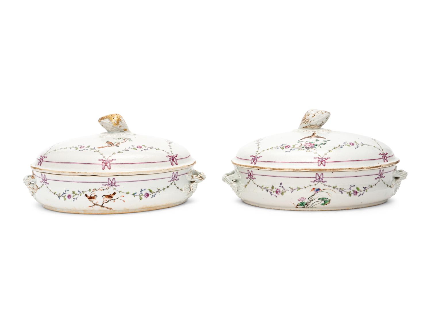 A Pair of Chinese Export Porcelain Vegetable Dishes and Covers with Twelve Matching Plates