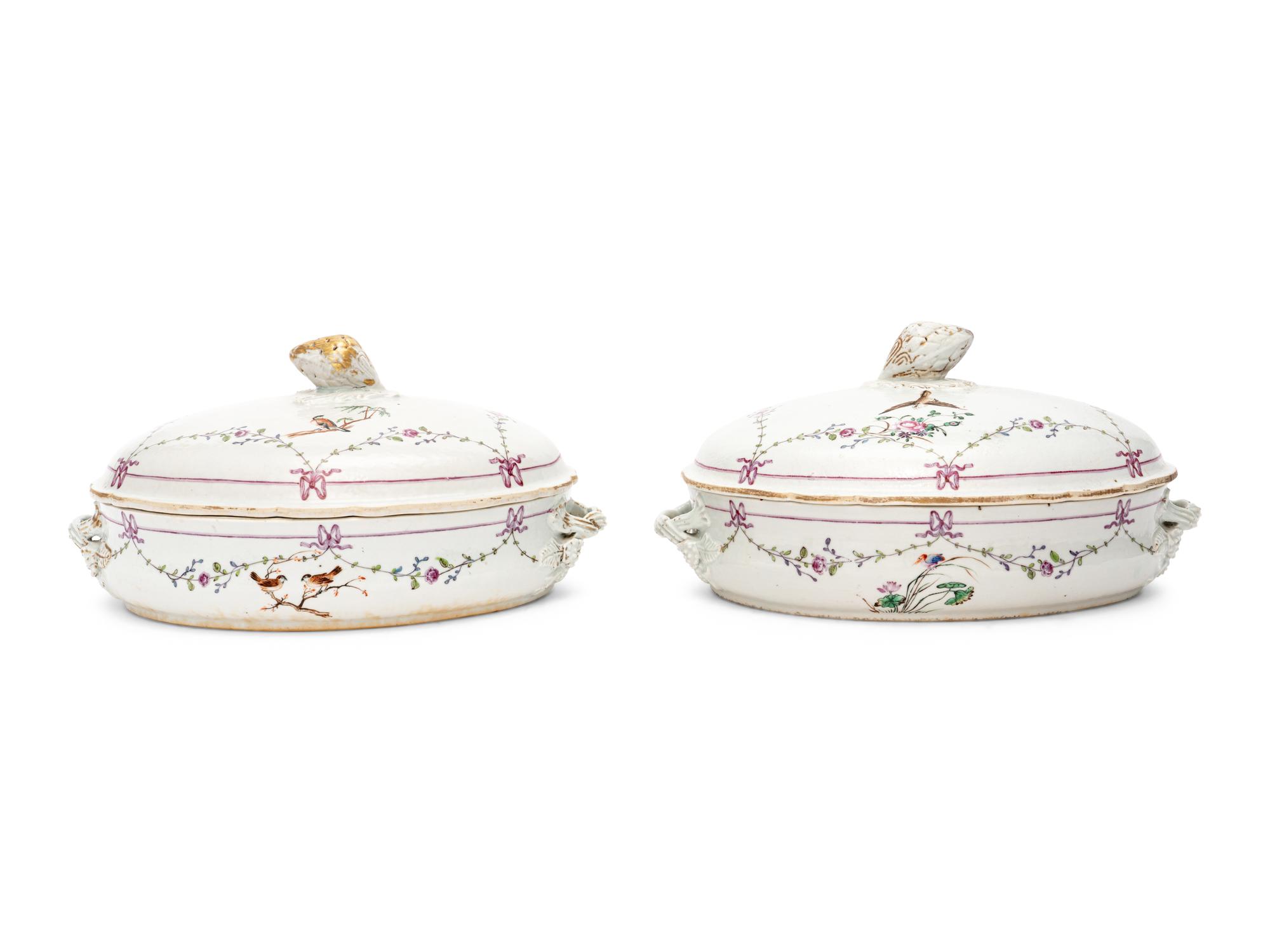 A Pair of Chinese Export Porcelain Vegetable Dishes and Covers with Twelve Matching Plates