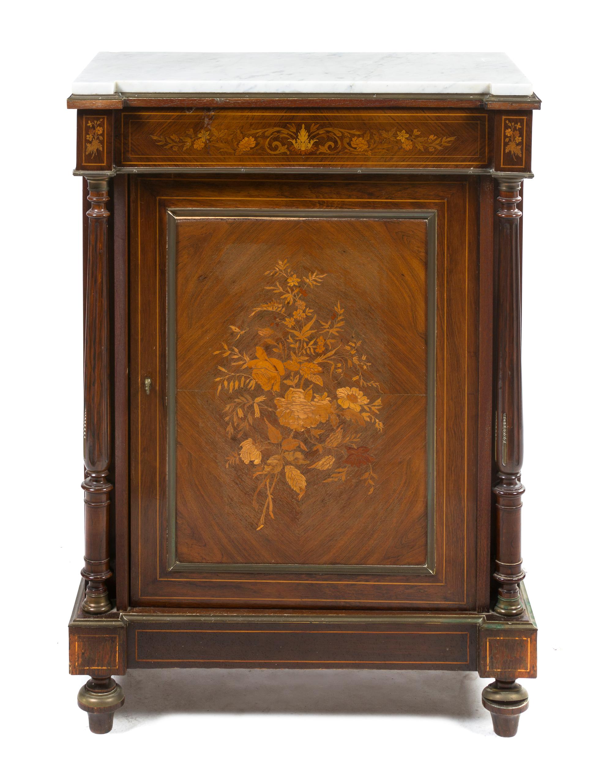 A Napoleon III Marquetry Console Cabinet, Height 42 1/2 x width 30 x depth 15 1/2 inches.