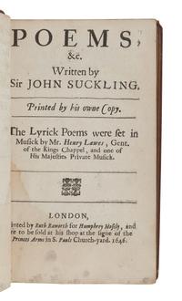 SUCKLING, John, Sir (1609-1642). Fragmenta aurea. A Collection of All the Incomparable Peeces... London: for Humphrey Moseley, 1646.