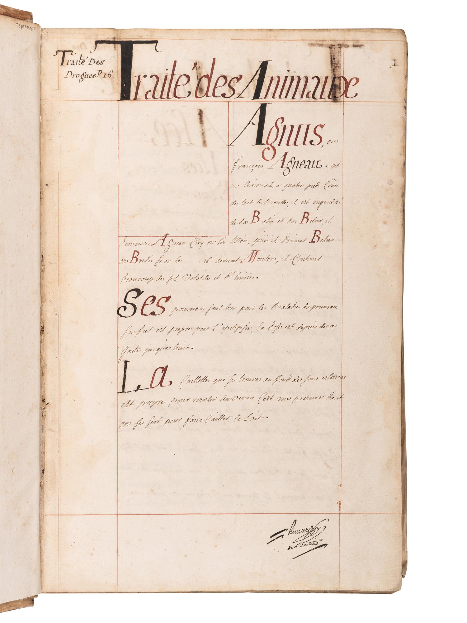 [REMEDIES -- MANUSCRIPT]. Spine title: "Traite des Animaux." France, ca 18th-century.