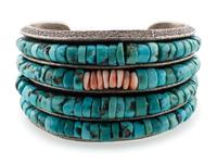 Tufa Cast Silver Cuff Bracelet, with Rolled Turquoise and Spiny Oyster Accents