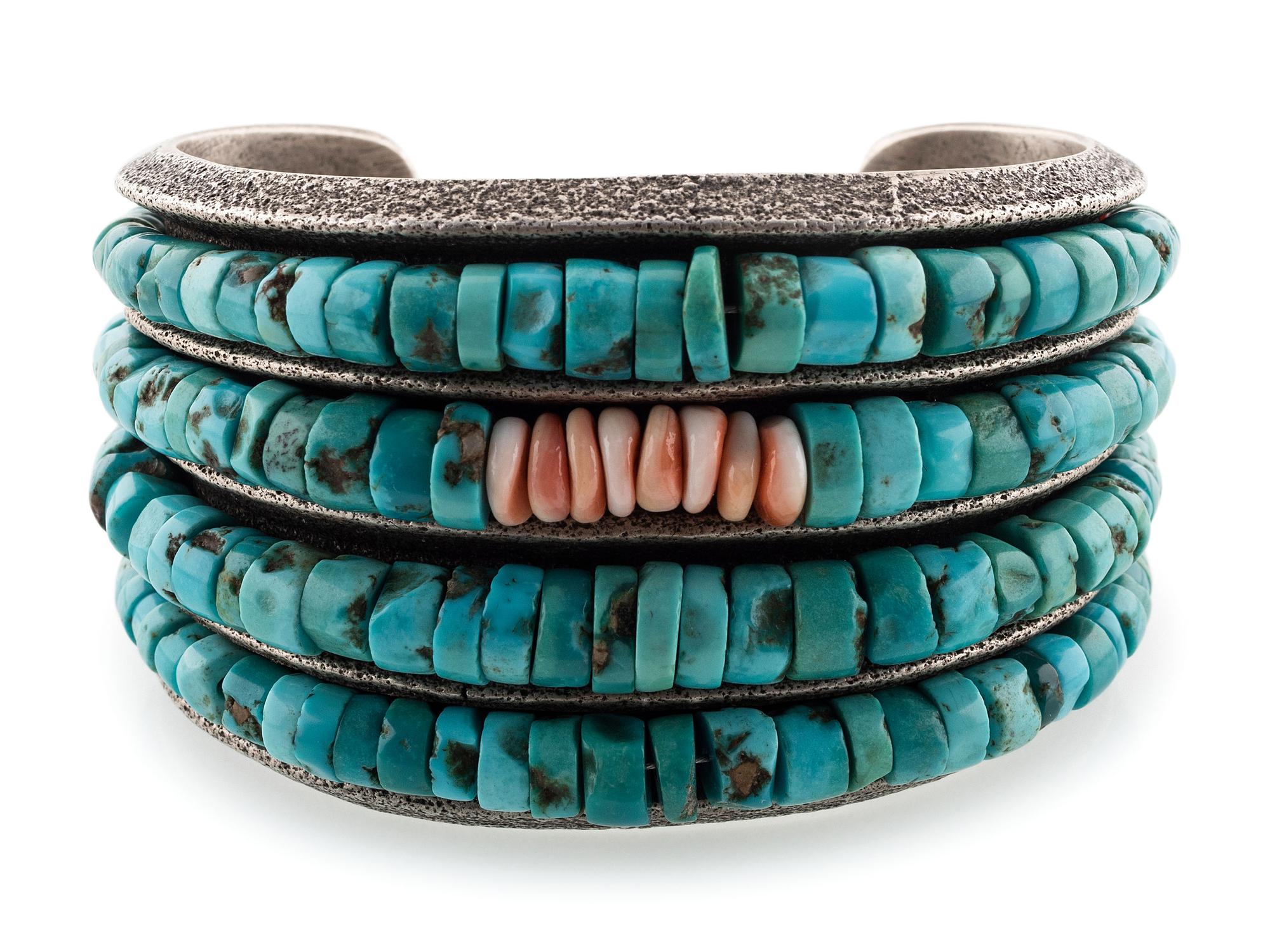 Tufa Cast Silver Cuff Bracelet, with Rolled Turquoise and Spiny Oyster Accents