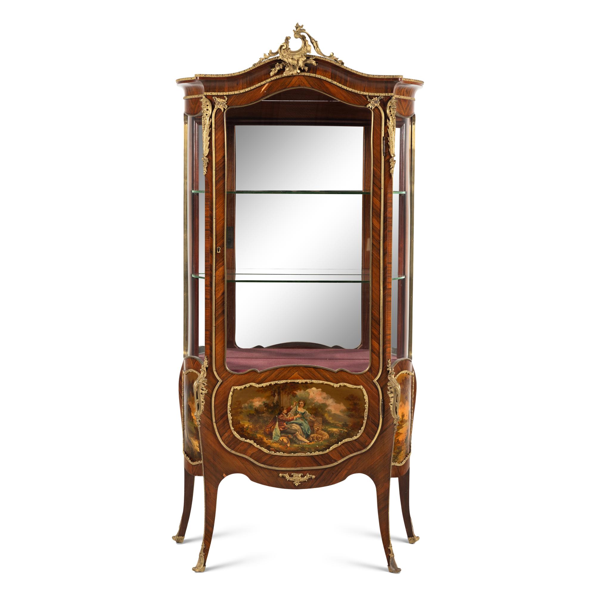 A Pair of Louis XV Style Kingwood, Vernis Martin and Gilt Bronze Mounted Vitrine Cabinets