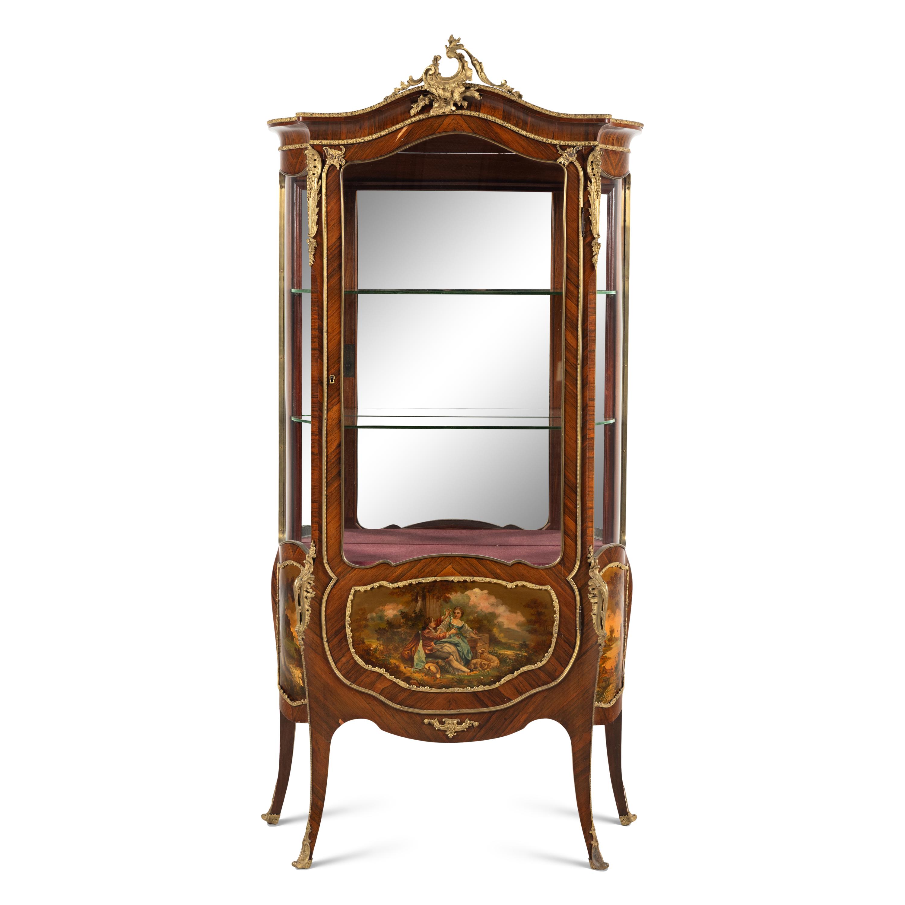 A Pair of Louis XV Style Kingwood, Vernis Martin and Gilt Bronze Mounted Vitrine Cabinets