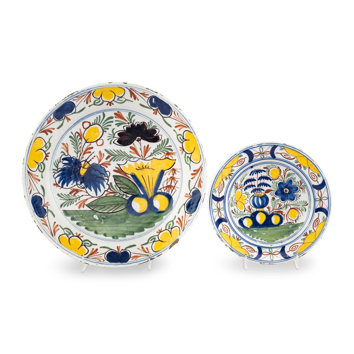 An English Delftware Polychrome Decorated Dish and Charger