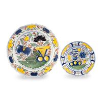 An English Delftware Polychrome Decorated Dish and Charger