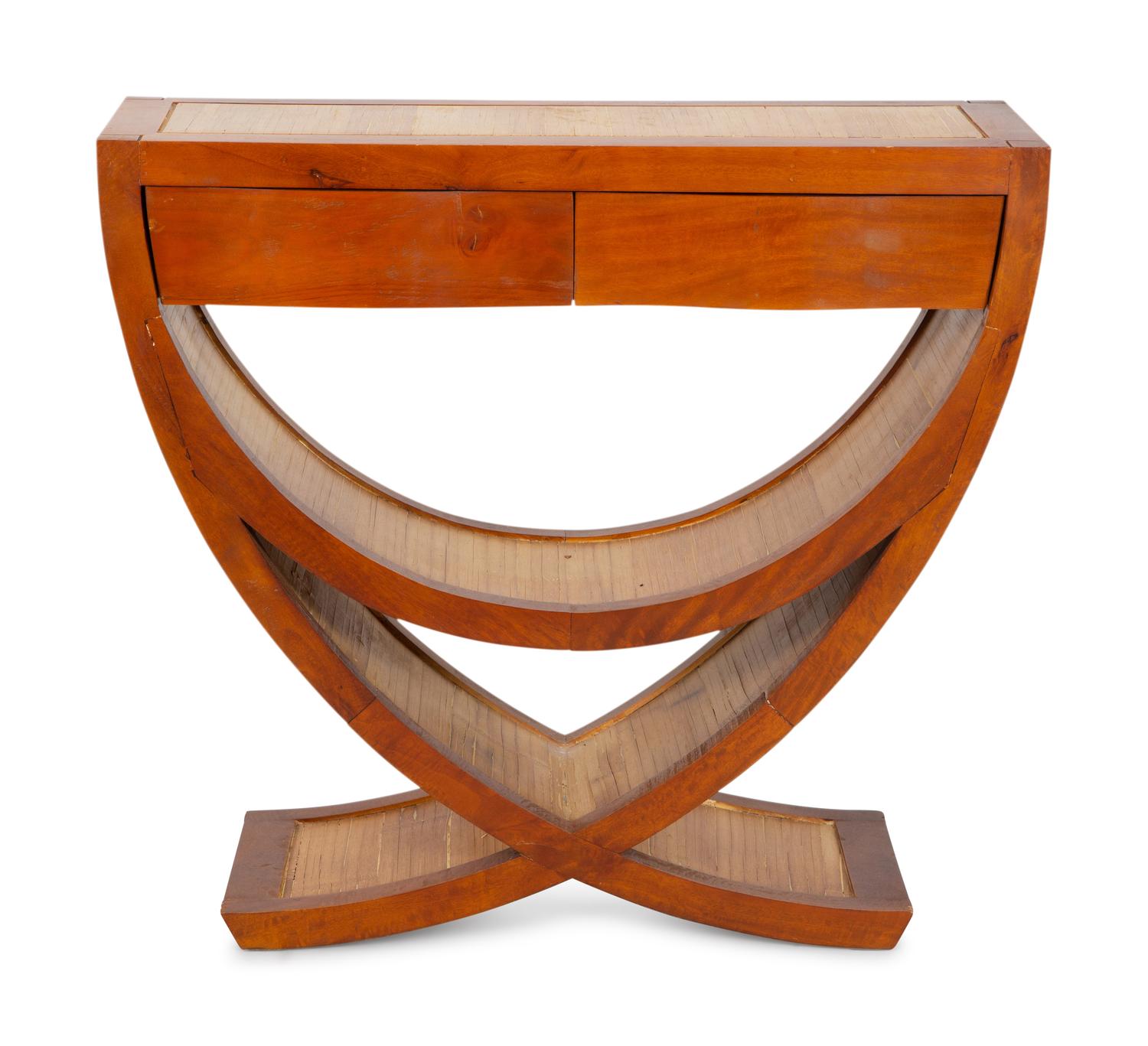 An Art Deco Bamboo Inset Walnut Console Table