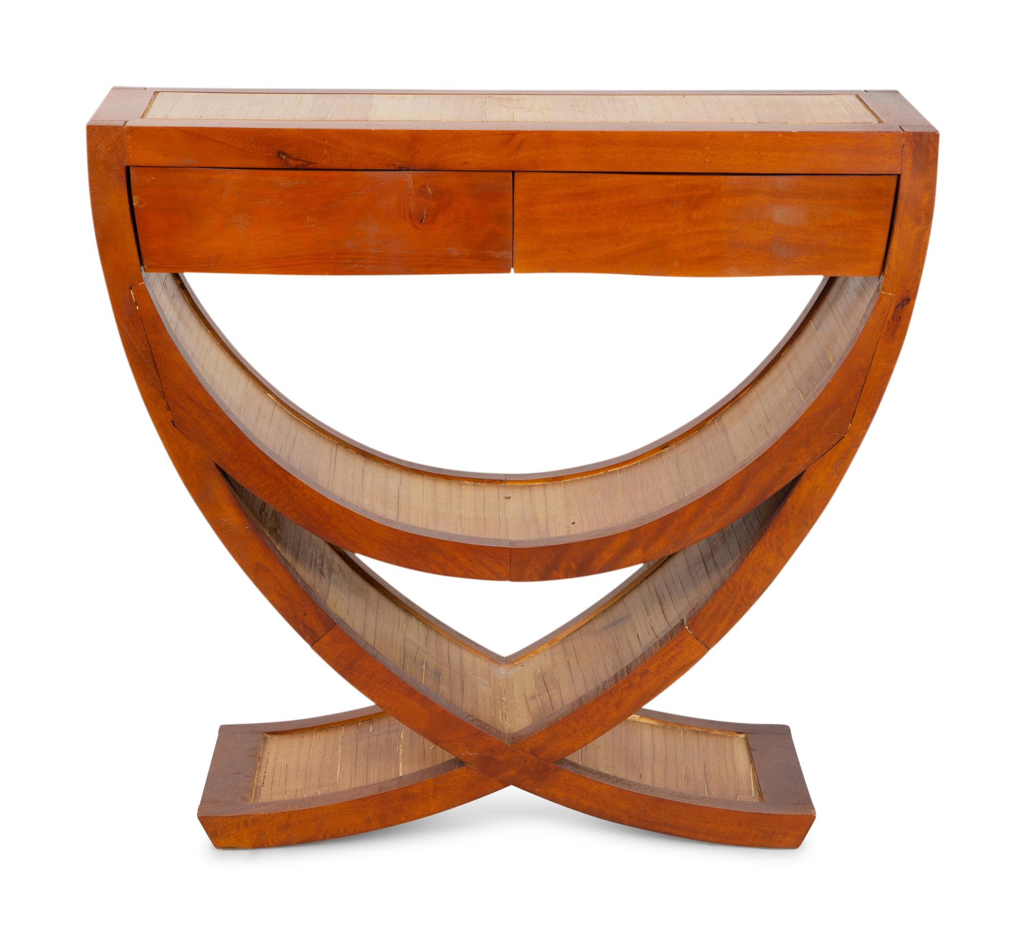 An Art Deco Bamboo Inset Walnut Console Table