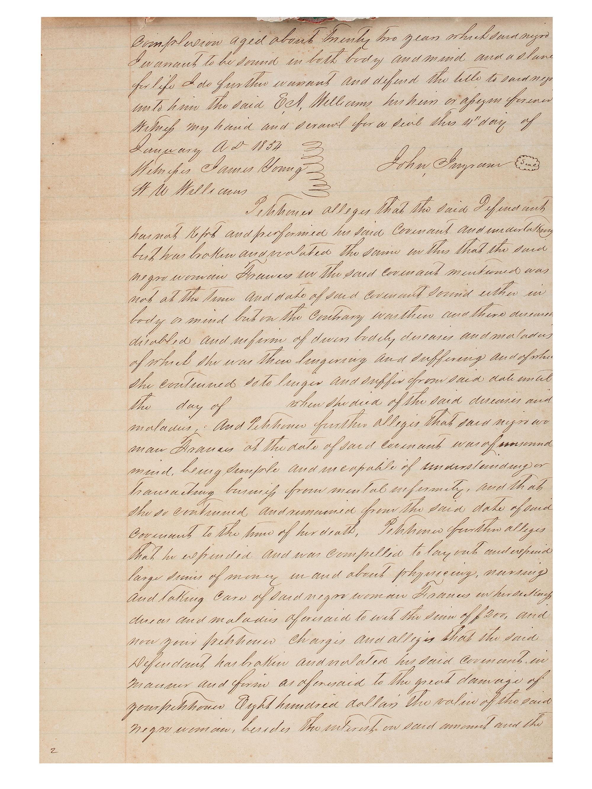 [SLAVERY & ABOLITION]. Manuscript court document related to the sale of an enslaved woman named "Frances," Fayette County, TX, 1857.