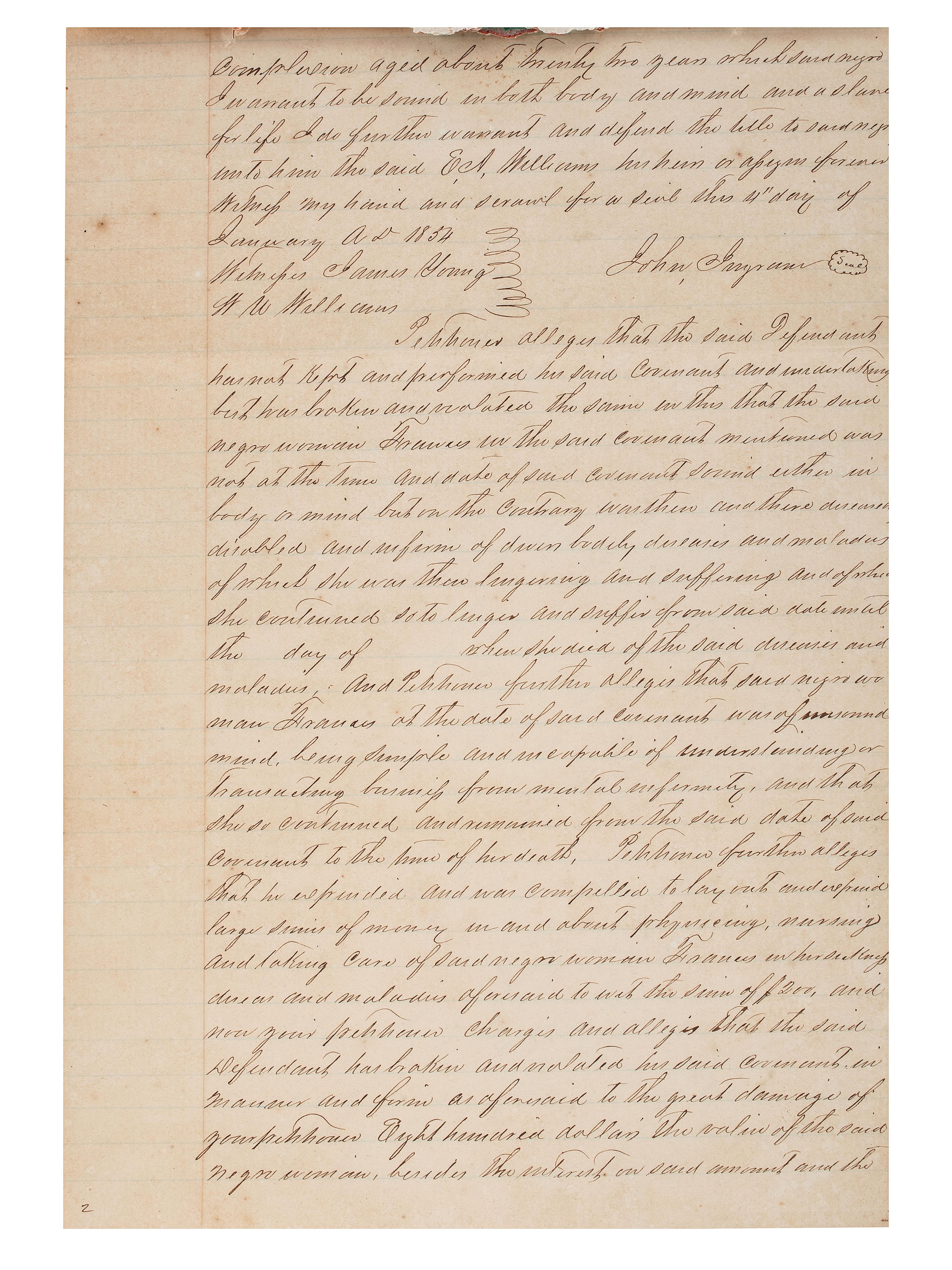 [SLAVERY & ABOLITION]. Manuscript court document related to the sale of an enslaved woman named "Frances," Fayette County, TX, 1857.