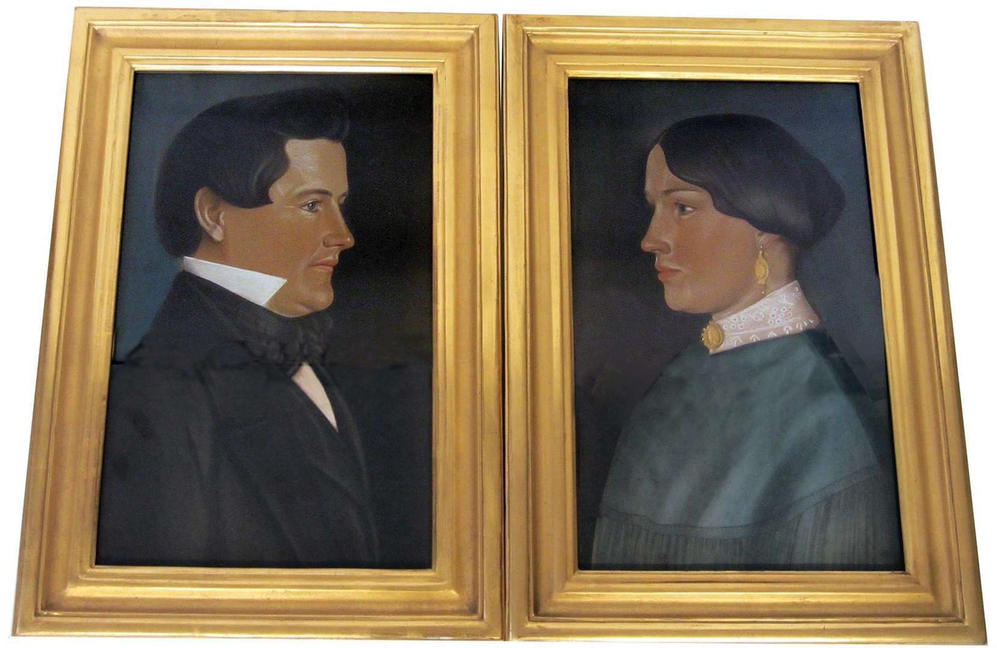 American School 19th century pair of profile portraits: a gentleman and a lady