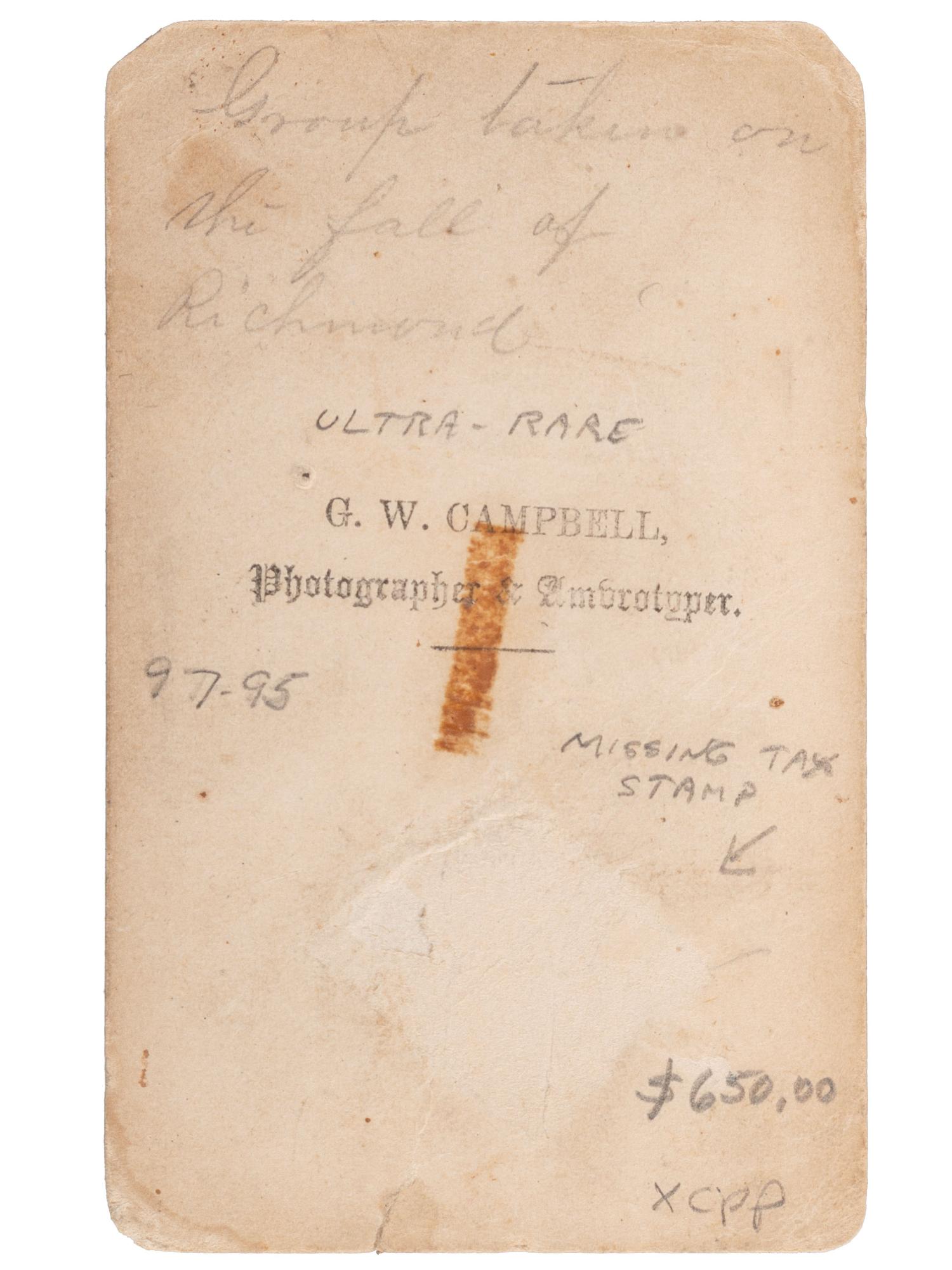 [CIVIL WAR]. CAMPBELL, G.W., photographer. CDV of jubilant musicians celebrating the fall of Richmond. Ca 1865.