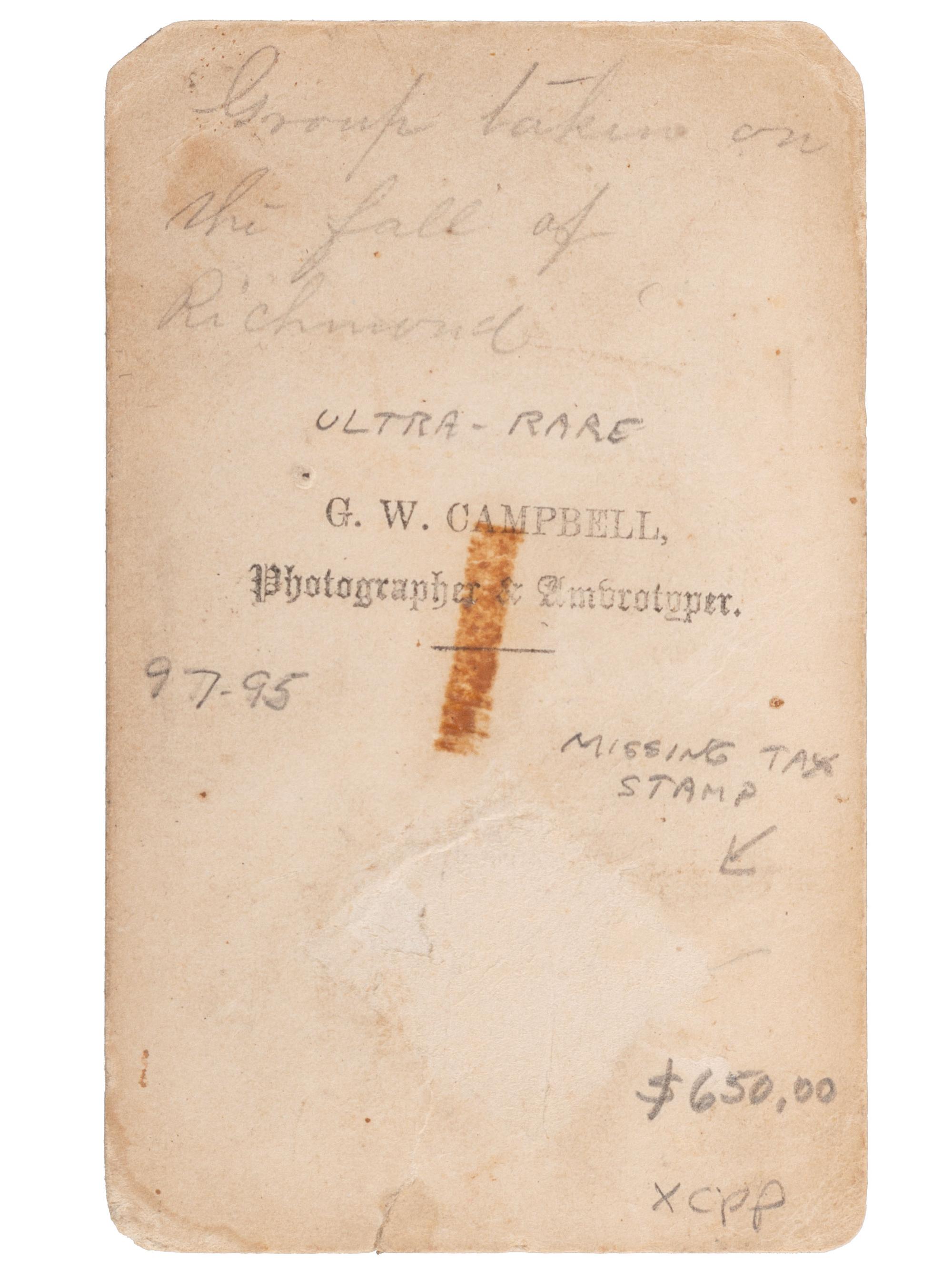 [CIVIL WAR]. CAMPBELL, G.W., photographer. CDV of jubilant musicians celebrating the fall of Richmond. Ca 1865.