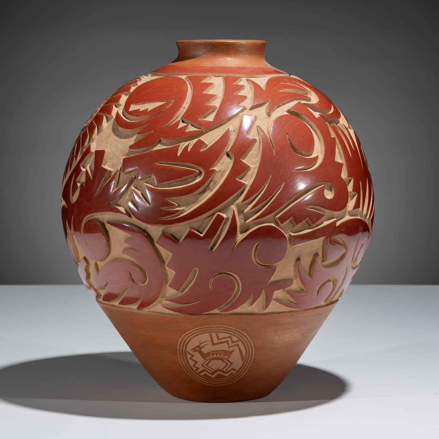 Large Three-Toned Deeply Carved Pottery Jar