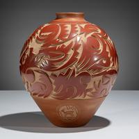 Large Three-Toned Deeply Carved Pottery Jar