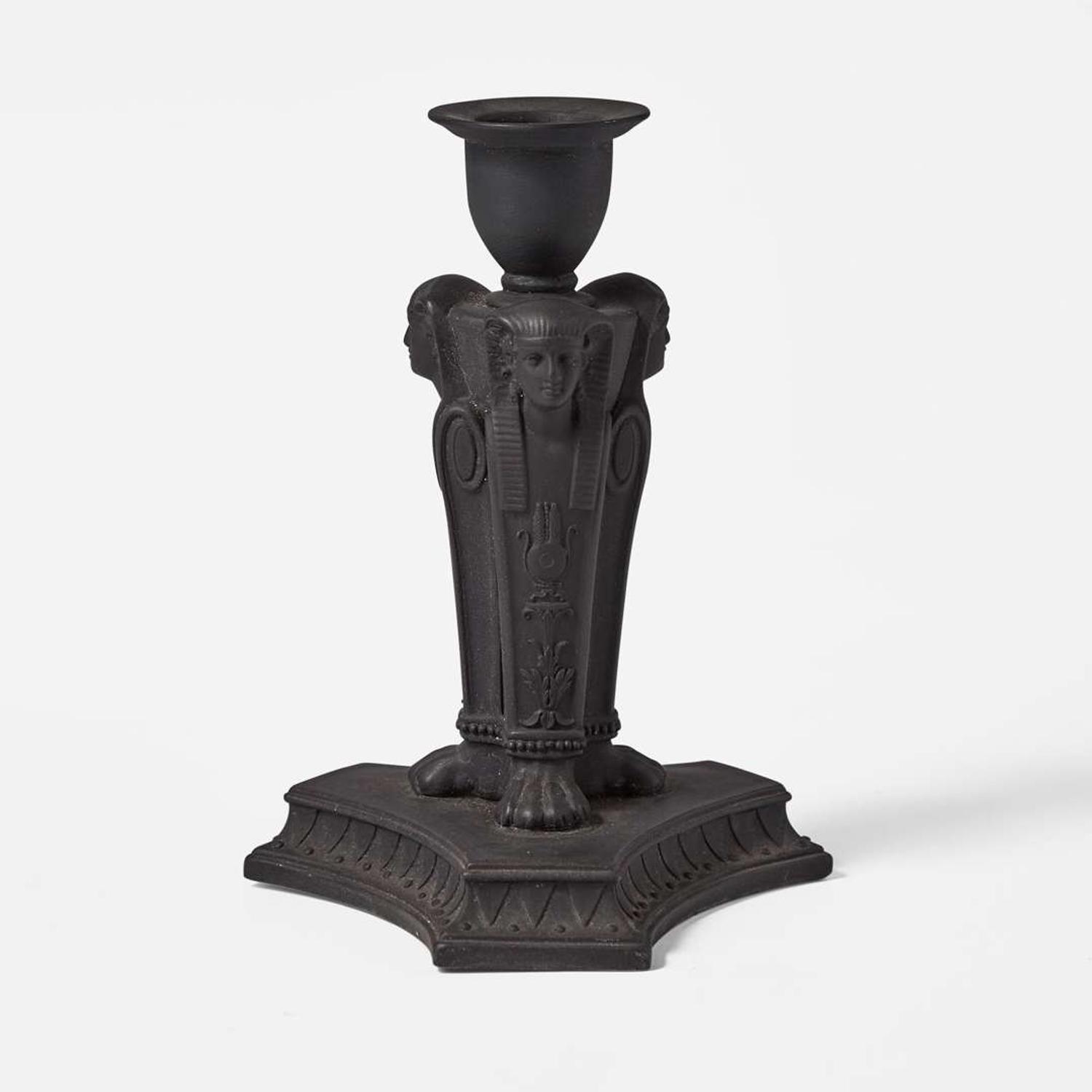 A Wedgwood Black Basalt Egyptian Revival Sphinx Monopodia Candleholder UK, early 19th century