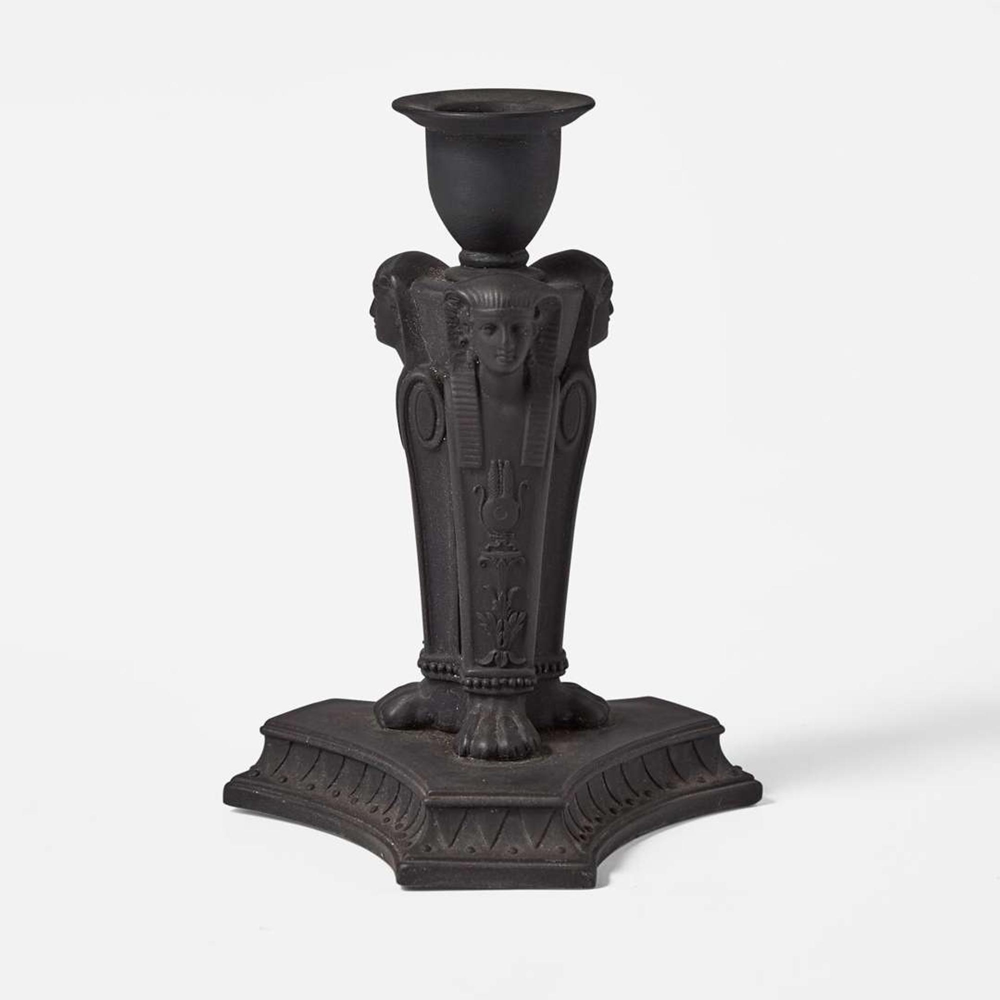 A Wedgwood Black Basalt Egyptian Revival Sphinx Monopodia Candleholder UK, early 19th century