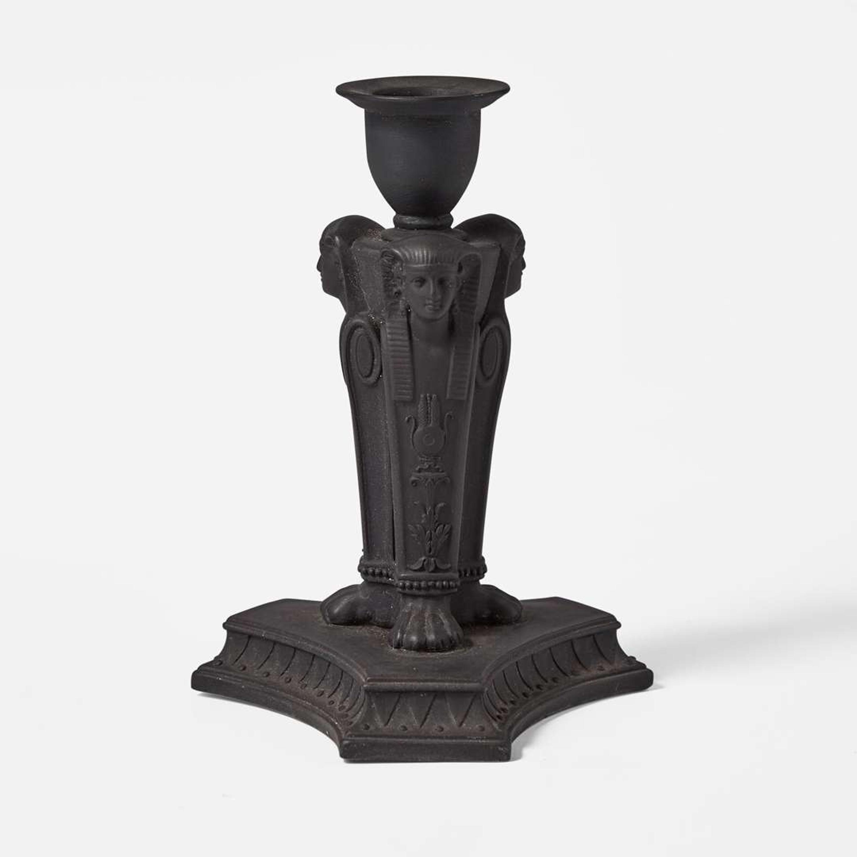 A Wedgwood Black Basalt Egyptian Revival Sphinx Monopodia Candleholder UK, early 19th century
