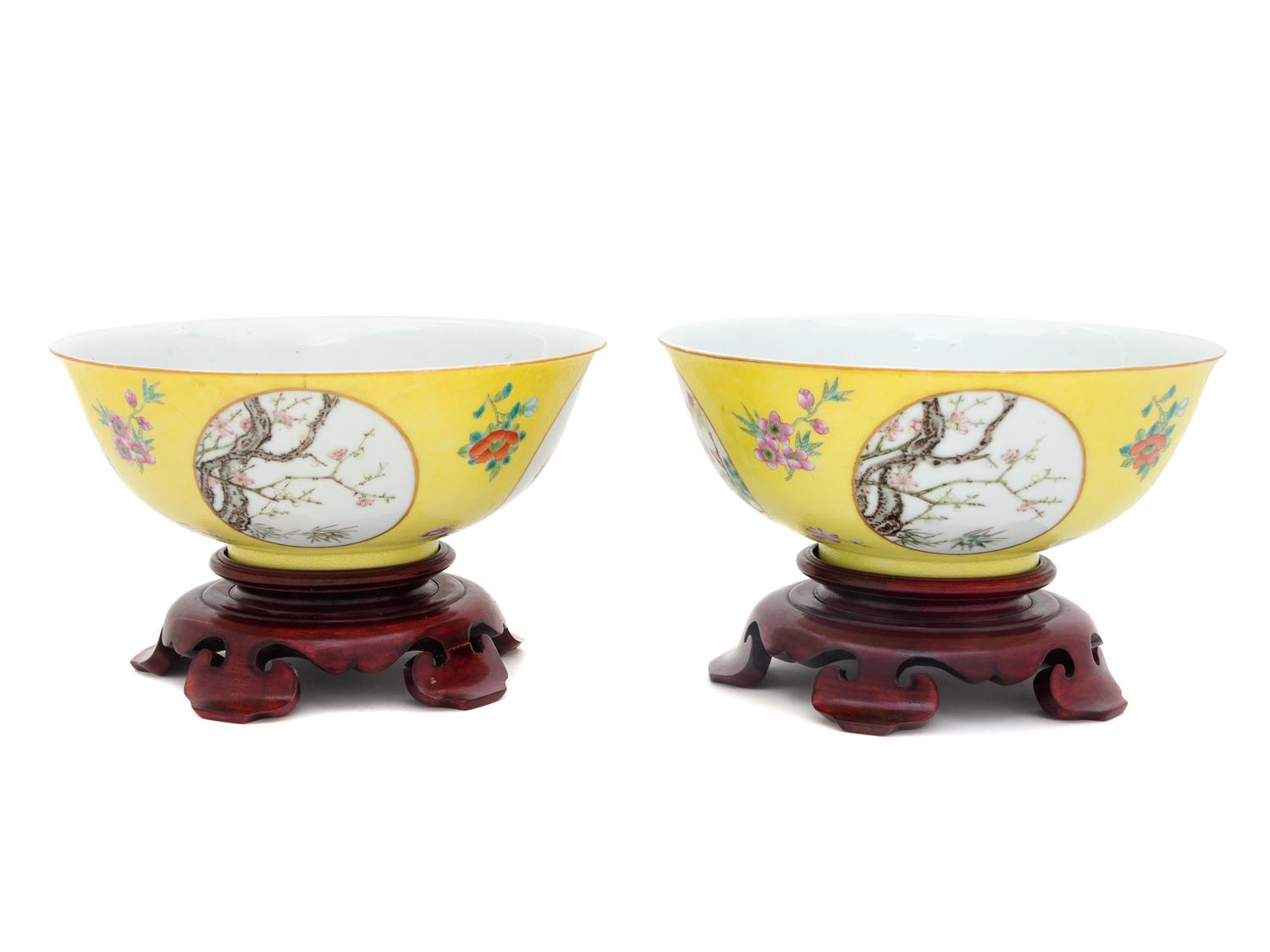 A Pair of Famille Jaune Sgraffito Ground ‘Floral’ Porcelain Bowls