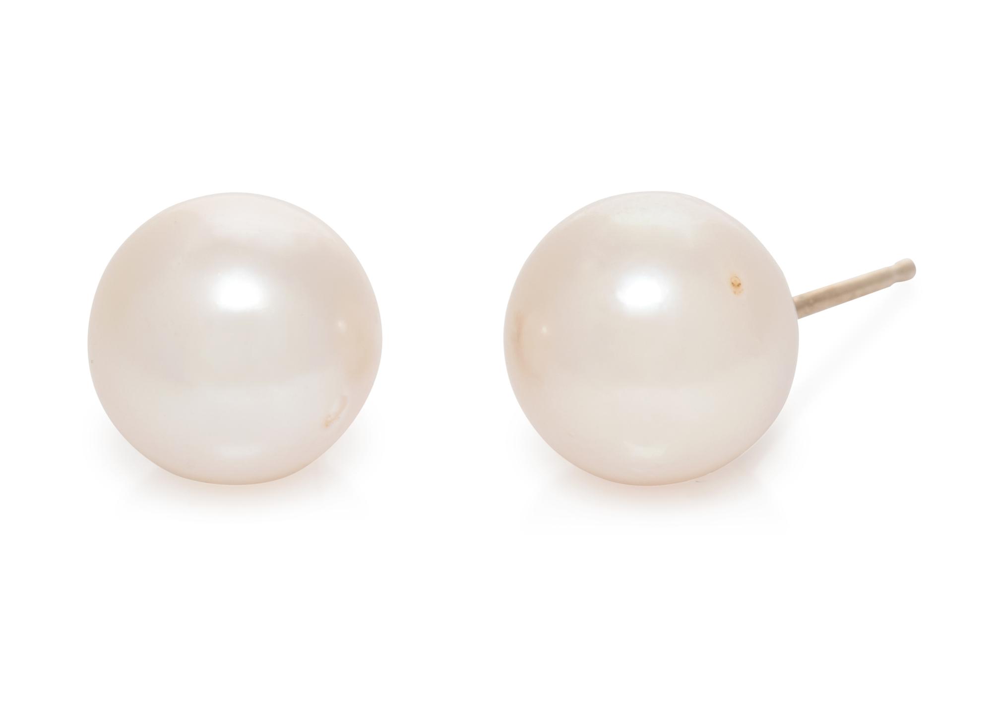 A Pair of 14 Karat Yellow Gold and Cultured Pearl Stud Earrings,