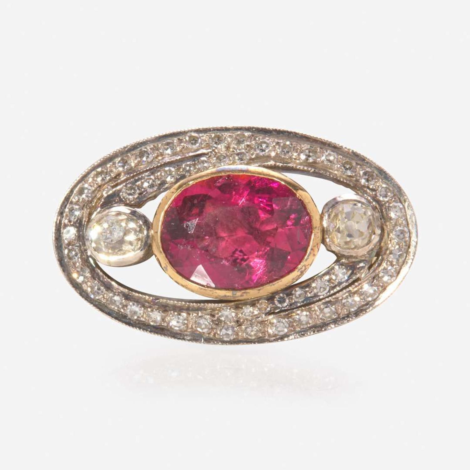 A Gold, Silver, Tourmaline, and Diamond Brooch