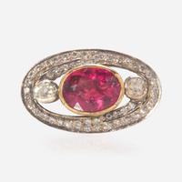 A Gold, Silver, Tourmaline, and Diamond Brooch