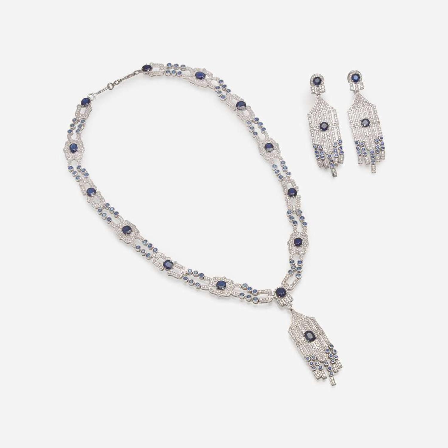 A Matching Set of Sapphire and Diamond Earrings and Necklace Untreated Burma Sapphire