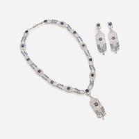A Matching Set of Sapphire and Diamond Earrings and Necklace Untreated Burma Sapphire