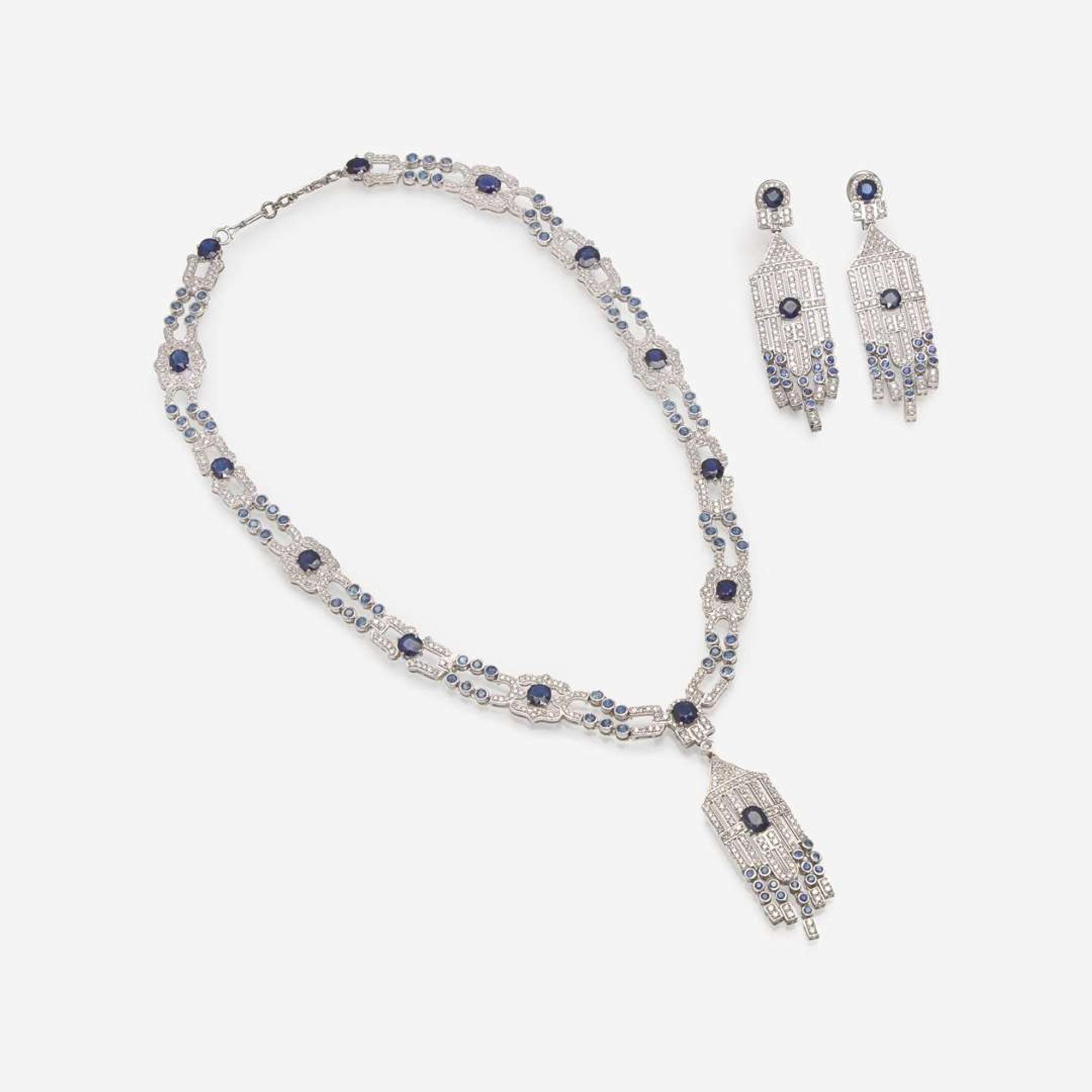 A Matching Set of Sapphire and Diamond Earrings and Necklace Untreated Burma Sapphire