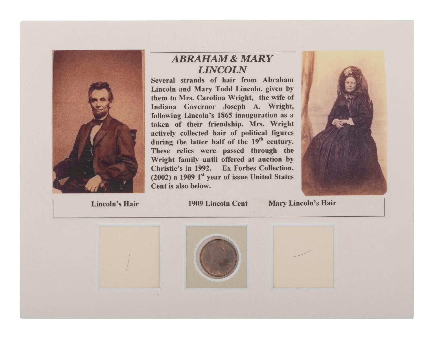 [LINCOLN, Abraham (1809-1865)]. Strands of hair attributed to Abraham and Mary Todd Lincoln displayed with wood fragments from the scaffold used in the execution of the Lincoln conspirators and other relics.
