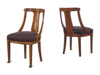 A Pair of Empire Style Gilt Metal Mounted Mahogany Side Chairs with Scalamandré Upholstery