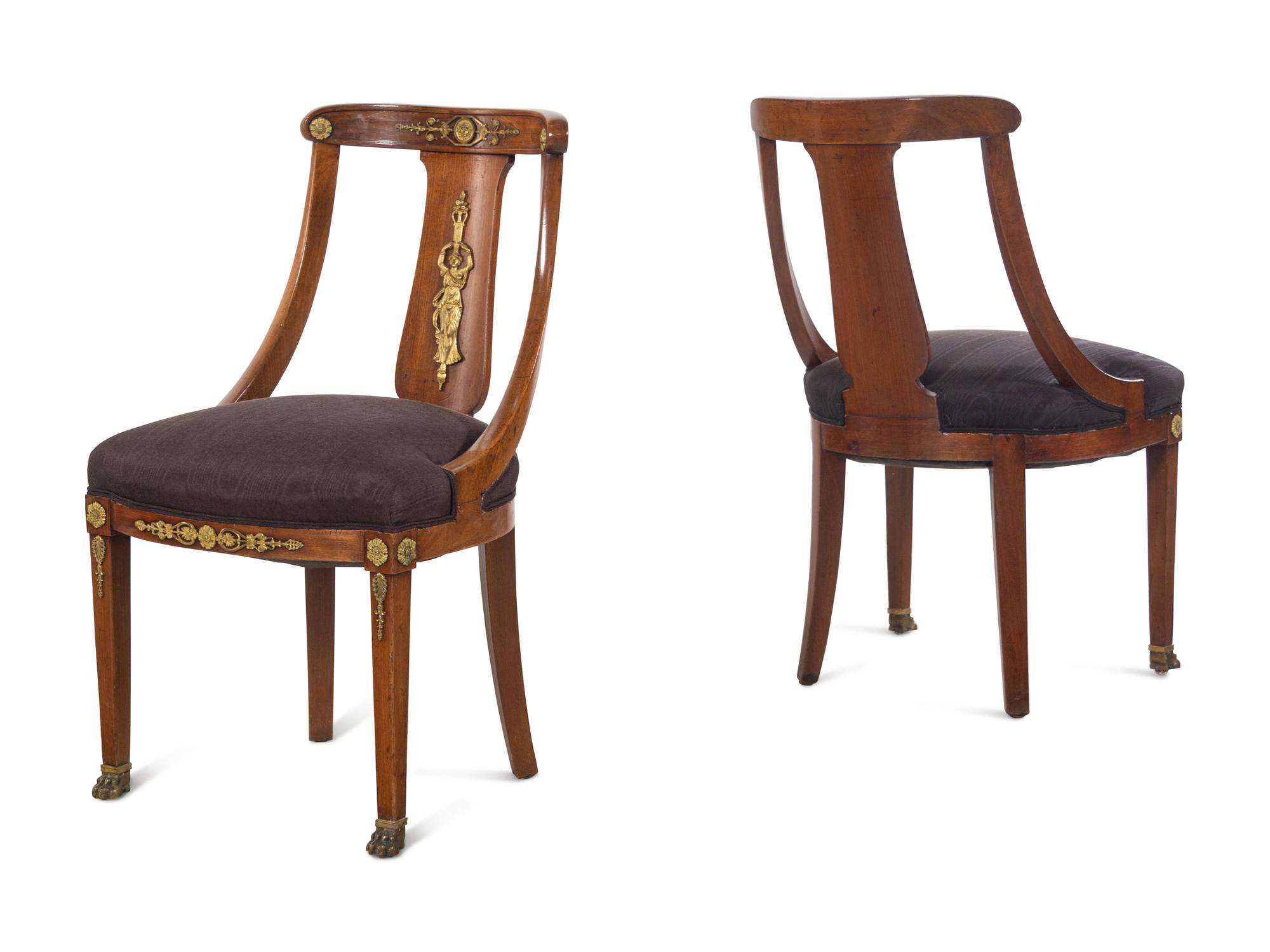 A Pair of Empire Style Gilt Metal Mounted Mahogany Side Chairs with Scalamandré Upholstery